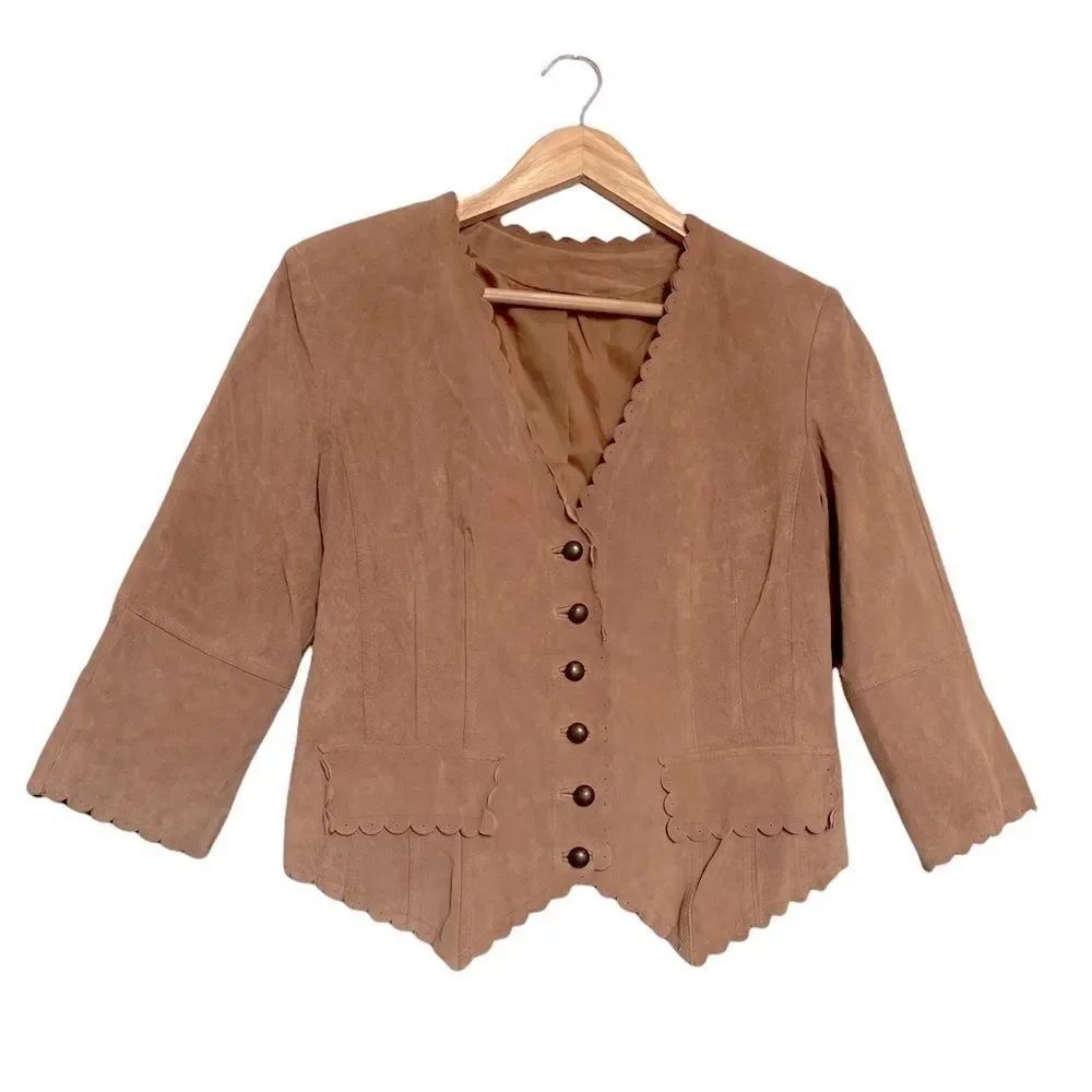 Vintage Tan Blazer Suede Fully Lined 3/4 Sleeves Scalloped Hem